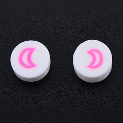 Hot Pink Handmade Polymer Clay Beads, Flat Round with Moon, Hot Pink, 9~9.5x4~5mm, Hole: 1.6mm
