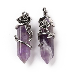Amethyst Natural Amethyst Pointed Big Pendants, with Antique Silver Tone Rose Alloy Findings, Cadmium Free & Lead Free, Faceted, Bullet Charm, 48~50x16mm, Hole: 7x5mm