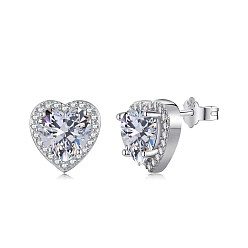 Real Platinum Plated Rhodium Plated 925 Sterling Silver Micro Pave Cubic Zirconia Ear Studs for Women, with S925 Stamp, Heart, Real Platinum Plated, 11x11mm