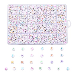 Letter A~Z Alphabet Acrylic Beads, Horizontal Hole, Flat Round, Mixed Color, Letter A~Z, 7x3.5~4mm, Hole: 1.2mm, about 1776pcs/box