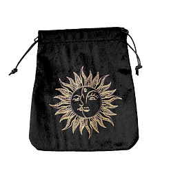 Sun Velvet Tarot Cards Storage Drawstring Bags, Tarot Desk Storage Holder, Black, Sun Pattern, 16.5x15cm