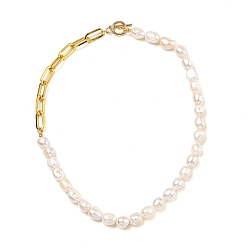 Golden Natural Baroque Pearl Keshi Pearl Beaded Necklaces, with Iron Paperclip Chains and 304 Stainless Steel Toggle Clasps, Golden, 17.48 inch(44.4cm)