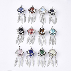 Mixed Color Alloy Cage Big Pendants, Hollow Round, with Synthetic Mixed Stone Round Beads, Antique Silver, Woven Net/Web with Feather, Mixed Color, 57~58x24x16.5mm, Hole: 8.5x3.5mm, Inner Diameter: 17mm, Bead: 15.5~16mm