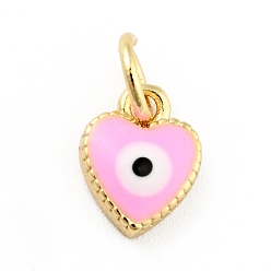 Pearl Pink Rack Plating Brass Enamel Charms, with Jump Rings, Cadmium Free & Lead Free, Real 18K Gold Plated, Heart with Evil Eye, Pearl Pink, 9x7x2.6mm, Hole: 3mm