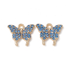 Light Sapphire Alloy Rhinestone Pendants, Butterfly Charm, Golden, Light Sapphire, 15x17x2mm, Hole: 2mm