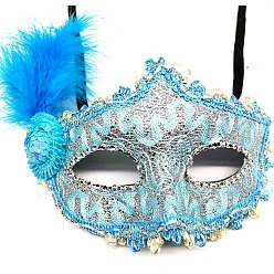 Bleu Ciel Mascarade de plumes masques, masque de broderie scintillant, pour les accessoires de costumes de fête, bleu ciel, 250x200mm