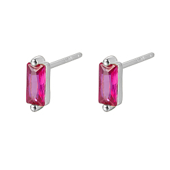Fuchsia Cubic Zirconia Rectangle Stud Earrings, Silver 925 Sterling Silver Post Earrings, with 925 Stamp, Fuchsia, 7.8x3mm