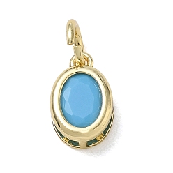 Deep Sky Blue Brass Pave Cubic Zirconia Charms, Oval Charms, Single Stone Charms, Long-Lasting Plated, Rack Plating, Lead Free & Cadmium Free, Real 18K Gold Plated, Deep Sky Blue, 12x8x6mm, Hole: 4mm