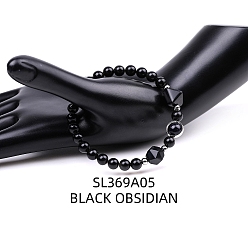 Obsidian Natural Obsidian Pyramid & Synthetic Blue Goldstone Beaded Stretch Bracelet, 7-1/8 inch(18cm)