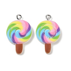 Разноцветный Подвески из непрозрачной смолы, окрашенные распылением, имитация еды, леденец очарование, с платиновыми тоновыми железными петлями, красочный, 29x19x6 мм, отверстие : 2 мм