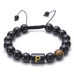 P Natural Black Agate Beaded Bracelet Adjustable Women's Handmade Alphabet Stone Strand Jewelry