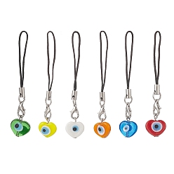 Mixed Color Heart Handmade Evil Eye Lampwork  Mobile Strap, with Polyester Cord, Mixed Color, 7.6~7.9cm, 6pcs/set