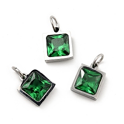 Green 304 Stainless Steel Pendants, with Cubic Zirconia and Jump Rings, Single Stone Charms, Square, Stainless Steel Color, Green, 9.5x8x3.5mm, Hole: 3.4mm