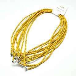 Yellow Braided Leather Cords, for Necklace Making, with Brass Lobster Clasps, Yellow, 21 inch, 3mm