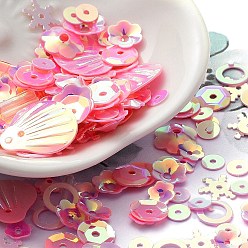 Pink Rainbow Iridescent PVC Paillette/Sequins Beads & Links & Pendants, Mixed Shapes, Flower/Snowflake/Oval, Pink, 4~20x4~20x0.3~6mm, Hole: 0.8~4mm, about 131pcs/bag