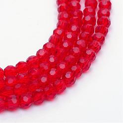 Red Transparent Glass Bead Strands, Faceted(32 Facets) Round, Red, 3~4mm, Hole: 0.5mm, about 140pcs/strand, 22.8 inch