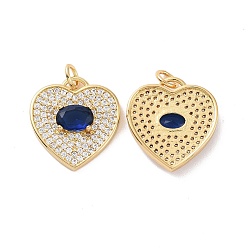 Medium Blue Heart Brass Micro Pave Cubic Zirconia Pendants, with Jump Rings, Cadmium Free & Nickel Free & Lead Free, Real 18K Gold Plated, Medium Blue, 18x17x4mm, Hole: 3mm
