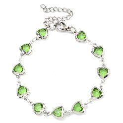 Зеленый газон 304 женские браслеты-цепочки в виде сердечек из нержавеющей стали и стекла, цвет нержавеющей стали, зеленый газон, 6-1/2 дюйм (16.5 см)