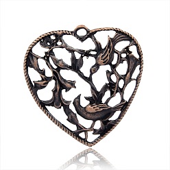 Red Copper Tibetan Style Alloy Filigree Big Pendants, Heart with Bird Pattern, Nickel Free, Red Copper, 51x49x5mm, Hole: 4mm