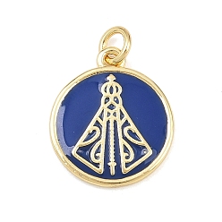 Темно-Синий Латунь эмаль подвески, с целью перехода в кольце, плоский круглый с подвесками nossa senhora aparecida, без свинца и без кадмия, долговечный, реальный 18 k позолоченный, стойки покрытие, темно-синий, 16.5x14x1.5 мм, отверстие : 2.5 мм