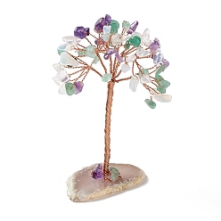 Mixed Stone Natural Gemstone Chips and Natural Agate with Mixed Stone Pedestal Display Decorations, with Rose Gold Plated Brass Wires, Lucky Tree, 31~42x60~68x100~104mm