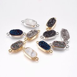 Mixed Color Electroplated Natural Druzy Agate Links connectors, with Brass Findings, Oval, Mixed Color, 10x24x6mm, Hole: 1mm
