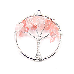 Cherry Quartz Glass Cherry Quartz Glass Tree fo Life Pendants, Iron Ring Chip Gems Tree Charms, Platinum, 30mm