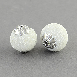 White Round Handmade Indonesia Beads, with Silver Color Plated Metal Color Alloy Cores, White, 13~15x13~14mm, Hole: 1.5mm