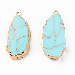 Turquoise Resin Pendants, Imitation Turquoise, with Edge Light Gold Plated Iron Loops, Teardrop, Turquoise, 36~37.5x16x6~7mm, Hole: 1.8mm