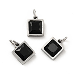 Black 304 Stainless Steel Pendants, with Cubic Zirconia and Jump Rings, Single Stone Charms, Square, Stainless Steel Color, Black, 9.5x8x3.5mm, Hole: 3.4mm