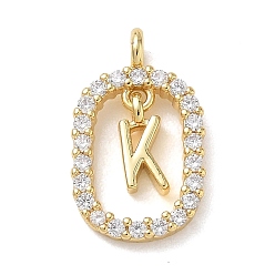Настоящее золото 18K Латунные микропаве прозрачные подвески с фианитом, овальный с подвесками в виде буквы К, стойки покрытие, долговечный, без кадмия и без свинца, реальный 18 k позолоченный, 18.5x11x3.8 мм, отверстие : 1.8 мм