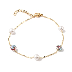 Colorful 6mm Round Polymer Clay Rhinestone & Imitation Pearl Link Bracelets, 304 Stainless Steel Cable Chain Bracelets for Women, Real 24K Gold Plated, Colorful, 7-1/8 inch(18cm), Bead: 6mm