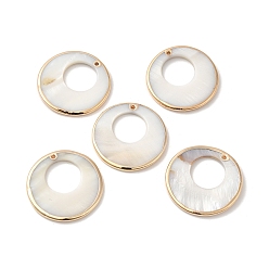 WhiteSmoke Electroplated Natural Freshwater Shell Pendants with Golden Plated Brass Edge, Flat Round Charms, WhiteSmoke, 30x2~2.5mm, Hole: 1.4mm