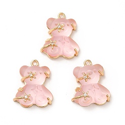 Pink Transparent Resin Crystal Rhinestone Pendants, Bear Charms, with Rack Plating Real 14K Gold Plated Brass Findings, Cadmium Free & Lead Free, Pink, 23x20.5x10mm, Hole: 1.8mm