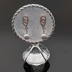 Flat Round Resin Imitation Pearl Earring Displays, Iron with Plastic Diamond Shaped Base Jewelry Display Stand, Flat Round, 9.5x6.5cm