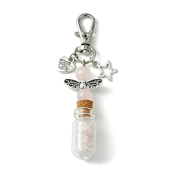 Rose Quartz Glass Wishing Bottle with Natural Rose Quartz inside Pendant Decorations, Star & Heart Tibetan Style Alloy and Swivel Lobster Claw Clasps Charm, 86mm, Pendants: 58x21.5x13mm