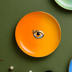 Orange Porcelain Jewelry Plate, Storage Tray for Rings, Necklaces, Earring, Flat Round with Evil Eye Pattern, Orange, 155x20mm