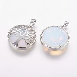 Opalite Opalite Pendants, with Brass Findings, Dyed, Platinum, Flat Round with Tree, 31x27x6.5~7mm, Hole: 5x8mm