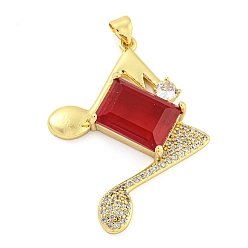 Красный Покрытие стойки латунь микропаве прозрачные подвески из кубического циркония, со стеклом, долговечный, без кадмия и без свинца, реальный 18 k позолоченный, прелести музыкальных нот, красные, 37x30.5x7 мм, отверстие : 4x3.5 мм