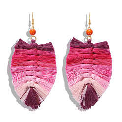 Purple-red gradient color Boho Tassel Earrings with Handmade Knitted Thread and Alloy Accents