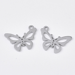 Stainless Steel Color 201 Stainless Steel Pendants, Smooth Surface, Butterfly, Stainless Steel Color, 13x17x1mm, Hole: 1.5mm