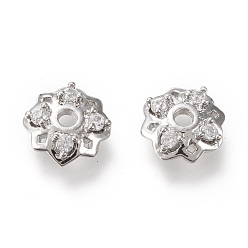 Platinum 4-Petal Brass Bead Caps, with Clear Cubic Zirconia, Long-Lasting Plated, Flower, Platinum, 7x3mm, Hole: 1.5mm