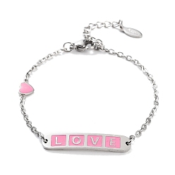 Бледно-Розовый 201 браслеты в форме сердца и прямоугольника из нержавеющей стали со звеньями Word Love, женские браслеты с эмалью, розовый жемчуг, 6-1/2 дюйм (16.5 см)
