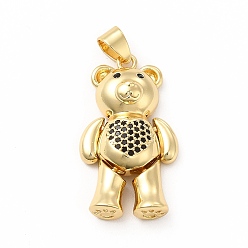 Black Rack Plating Brass Micro Pave Cubic Zirconia Pendants, Cadmium Free & Lead Free, Real 18K Gold Plated, Long-Lasting Plated, Mechanical Charm, Bear with Heart Charm, Black, 30x17x7mm, Hole: 3.5x4.5mm