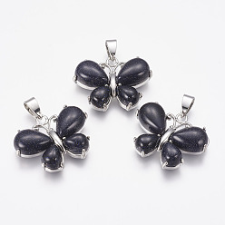 Blue Goldstone Synthetic Blue Goldstone Pendants, Butterfly, with Brass Finding, Platinum, 24x30x7.5mm, Hole: 4x7.5mm