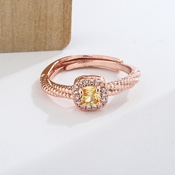 Rose Gold Brass Rhinestone Adjustable Rings for Women, Square, Rose Gold, Inner Diameter: 17mm