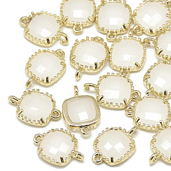 WhiteSmoke Glass Links connectors, with Golden Tone Brass Findings, Faceted, Square, WhiteSmoke, 15x9x3mm, Hole: 0.5mm