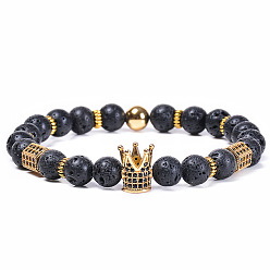 Natural volcanic rock (non-woven) Premium Lava Stone Crown Bracelet with Natural Stones and Copper Micro Inlaid Cubic Zirconia - Unisex Fashion Accessory