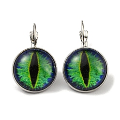 Lime Green Dragon Eye Glass Leverback Earrings with Brass Earring Pins, Lime Green, 29mm