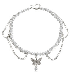 ZW860 steel color Double-layer high-gloss imitation pearl tassel love butterfly cross necklace - European and American jewelry.